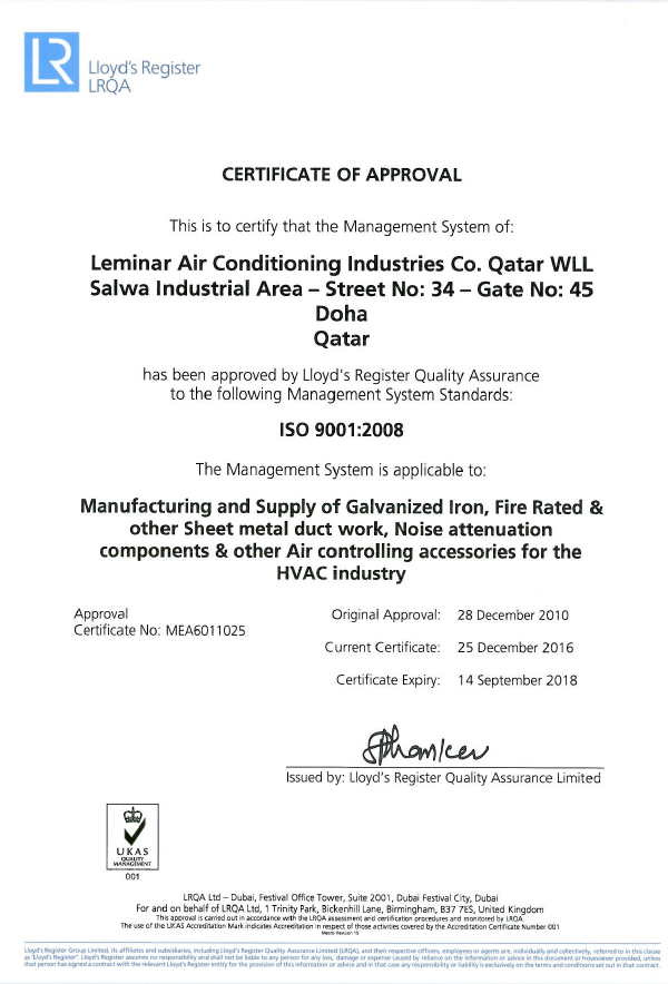 ISO 9001:2008 - Leminar Air Conditioning Industries Co. Qatar WLL